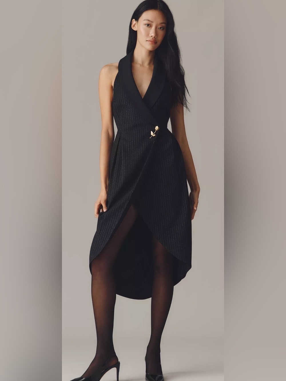 Anthropologie halter tuxedo strip midi wrap backless dress medium nwt